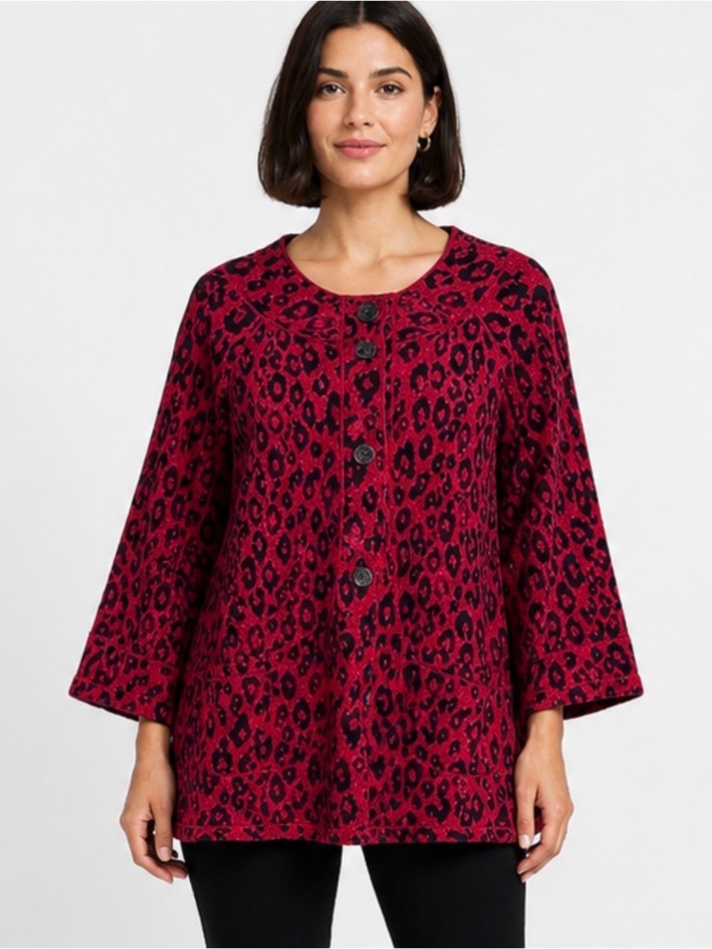Ruby Rd. Red and Black Animal Print Cape Style Cardigan Plus-Size Fall Chic Work